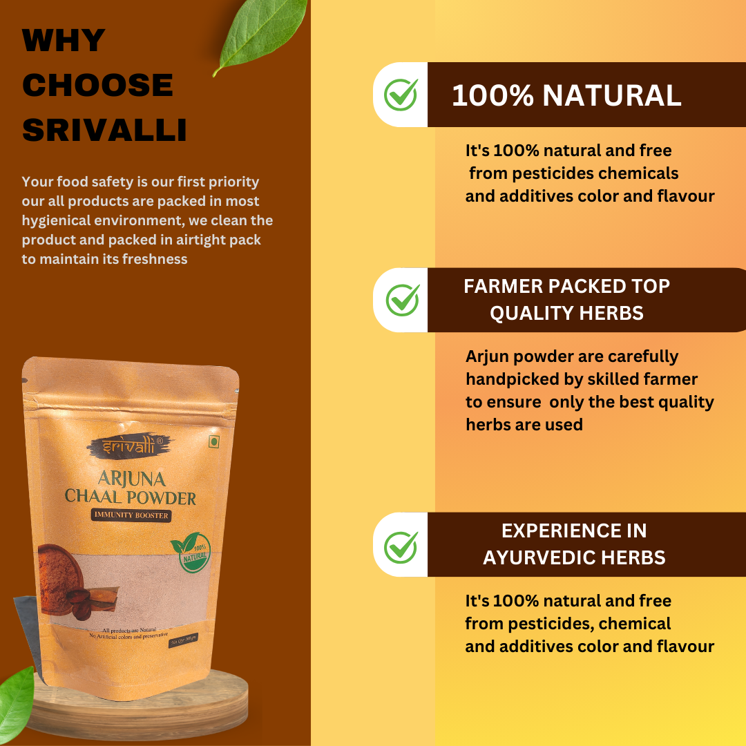 srivalli Arjun Chaal Powder | Terminalia Arjuna Bark | Ayurvedic Heart & BP Support | Arjuna Ki Chaal | Natural Herbal Supplement | Triple Filtered | Zip-Lock