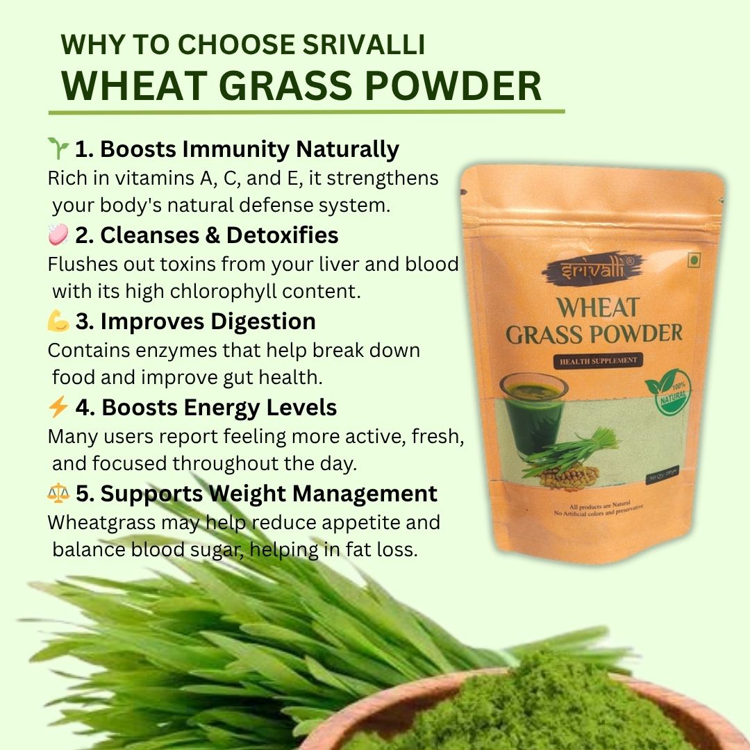 Srivalli Wheatgrass Powder 100g | Natural Green Superfood | Rich in Antioxidants, Vitamins & Minerals | Boosts Immunity, Detox & Stamina | 100% Pure & Chemical-Free